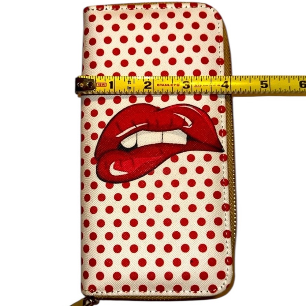 Red polka dot wallet zip around. Reminds me of Rolling Stones Album Cover. - Picture 2 of 8